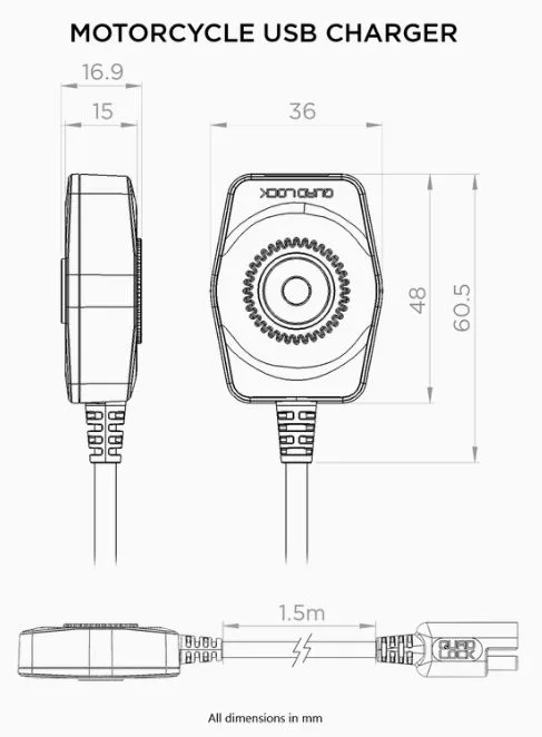 Quad Lock incarcator USB motocicleta, cablu 1.5m, 20 cm - imagine 5