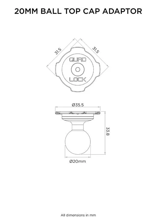 Quad Lock adaptor top cap cu bila 20mm - imagine 5